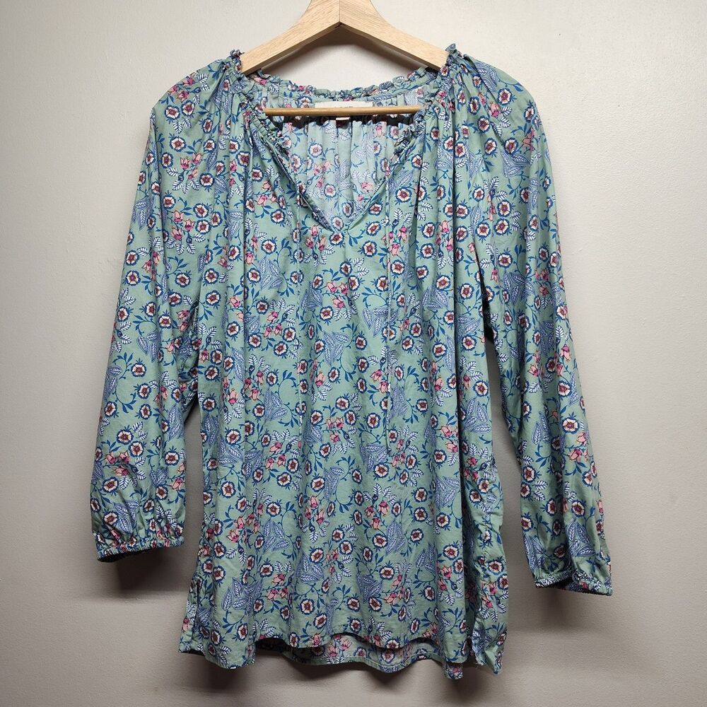 Loft Tunic Top Women L Green Floral Long Sleeve Boho Cottagecore Spring Casual